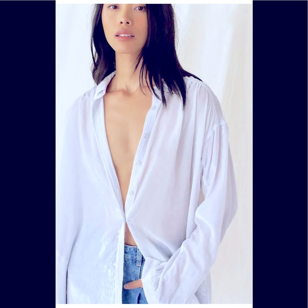 We the Free Sorrento Velvet Crush Ice Gray Oversized Button Down Blouse Tunic L